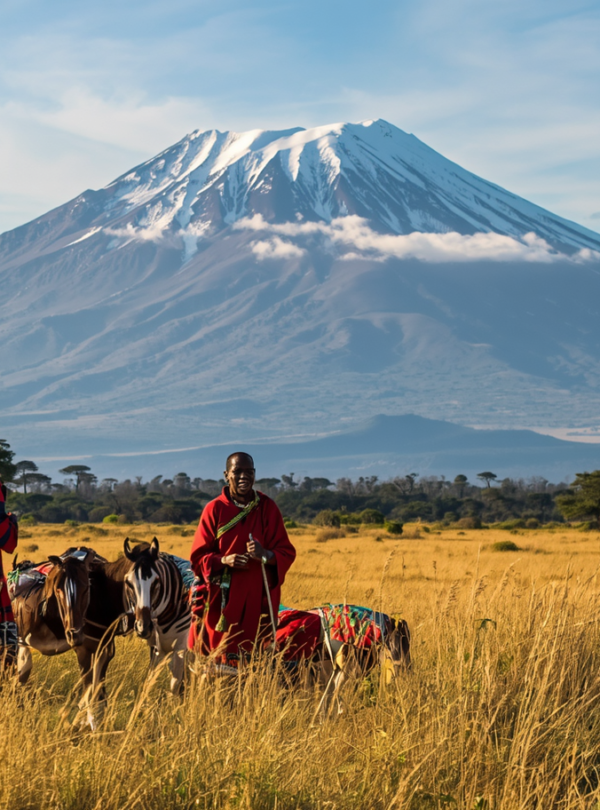 Maasai website banner with Mount Kilimanjaro mountain in the background, snow-capped peak, African savanna landscape, traditional Maasai cultural elements, wide panoramic format suitable for website header